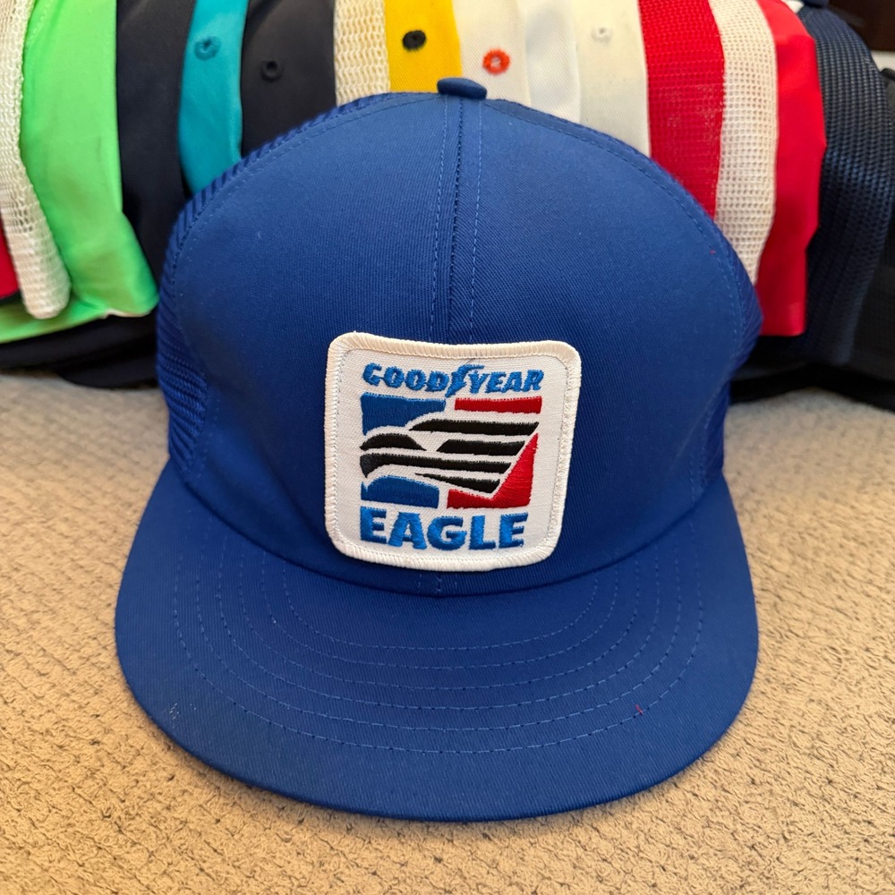 Vintage 1990s Goodyear Eagle Racing Trucker Hat Blue Mesh Snapback Cap